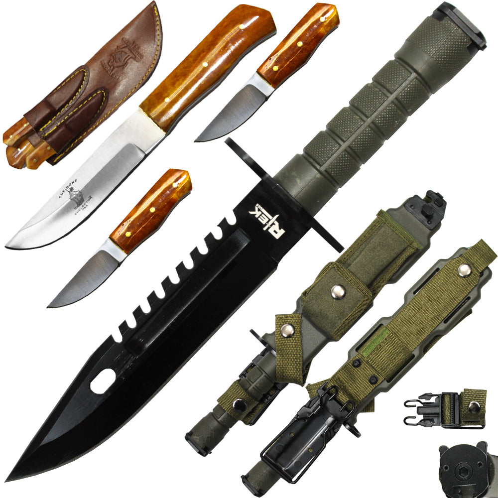 Rtek Juego de cuchillos de caza, con funda de plástico endurecido M-9, cuchillo de sierra estilo militar, cuchillos para desollar y funda de viaje para caza, aderezo de campo, desollamiento, camping y al aire libre