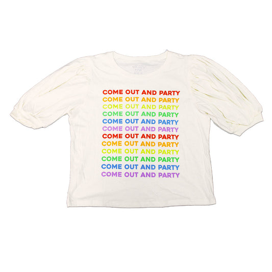 Camiseta de manga con volantes y gráfico de arco iris para mujer Junior's Come Out And Party