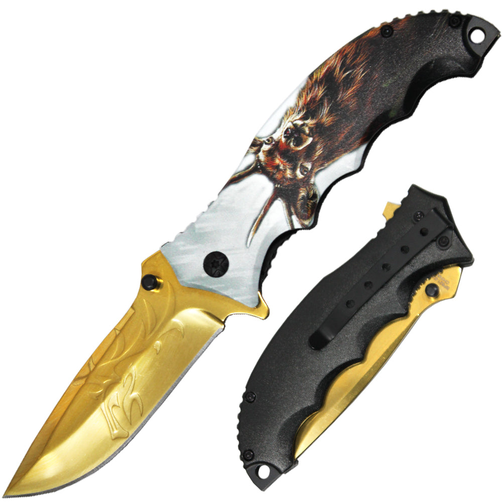 4.5" Deer Wildlife Handle Gold Blade Assist-Open Folding Knife