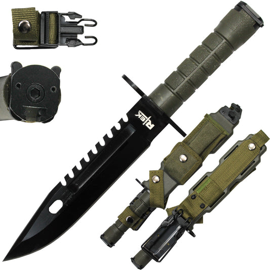 Cuchillo de bayoneta táctico RTEK Camo de 13 ", funda de plástico endurecido, cuchillo trasero de sierra de estilo militar M-9