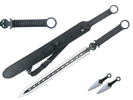 T 63103-BK Espada Ninja de 27 ″ con hoja plateada/negra ventilada + cuchillos arrojadizos