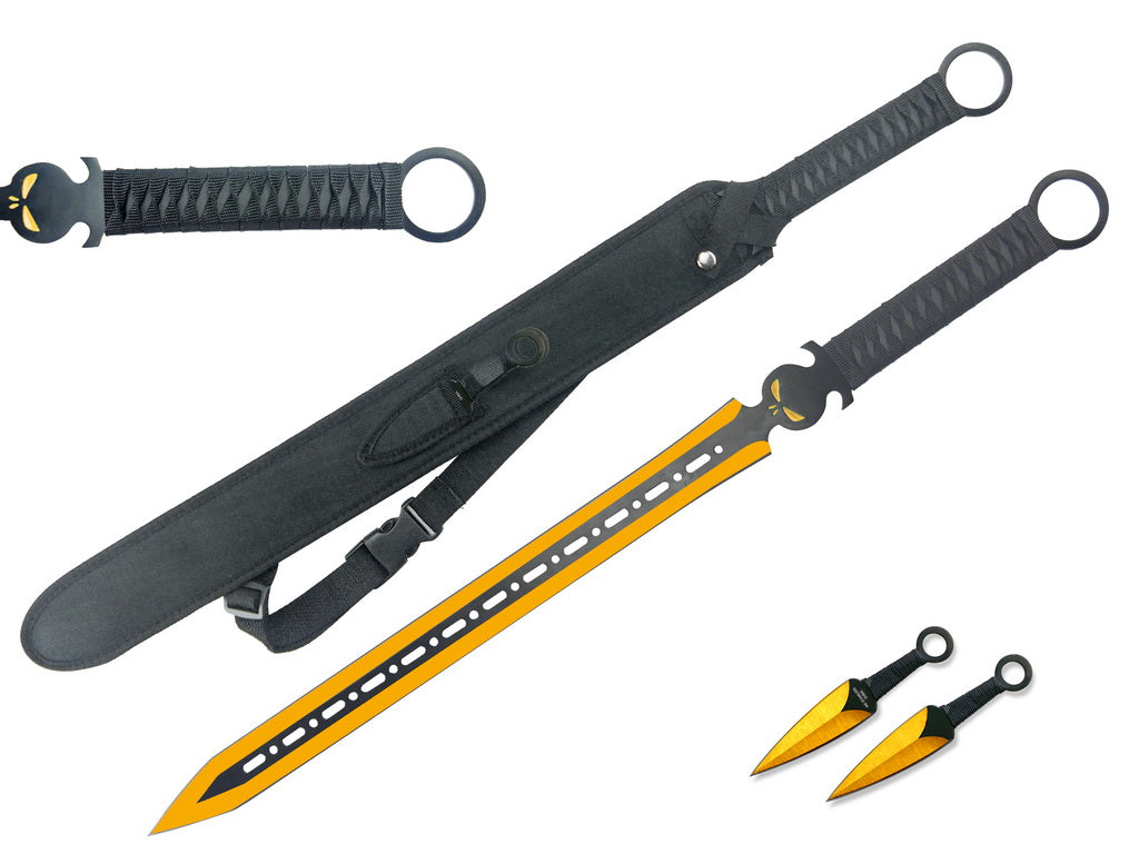 T 63103-GD Espada Ninja de 27 ″ con hoja dorada/negra ventilada + cuchillos arrojadizos
