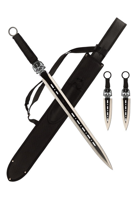 Espada machete táctica de calavera negra de 27 ″ con dos cuchillos arrojadizos de 7,5 ″