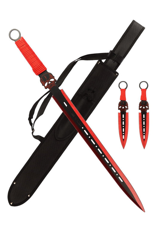 T 661085-RD Espada machete táctica de calavera roja de 27 ″ con dos cuchillos arrojadizos de 7,5 ″