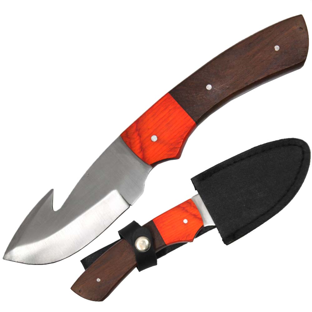 Cuchillo de caza con gancho de tripa y mango de madera multicolor de 8" con funda de cuero