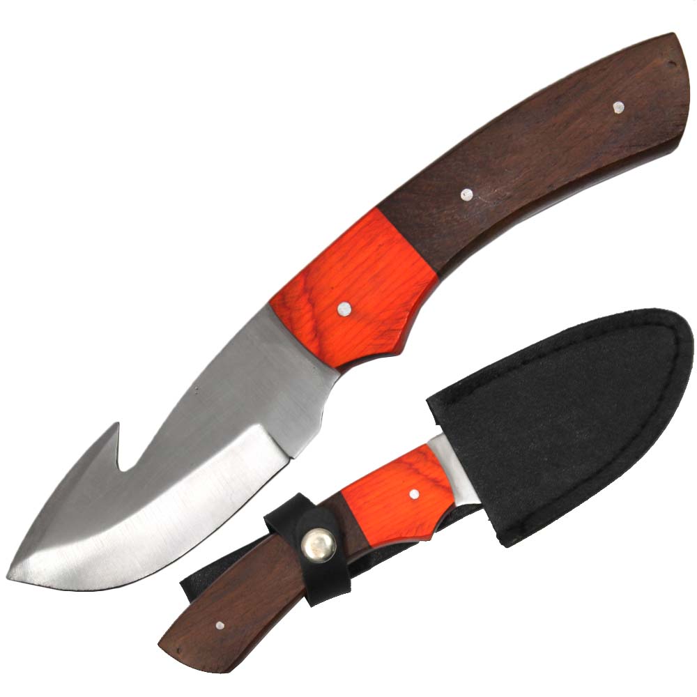 8" Multicolor Wood Handle Gut Hook Hunting Knife with Leather Sheath - Bladevip