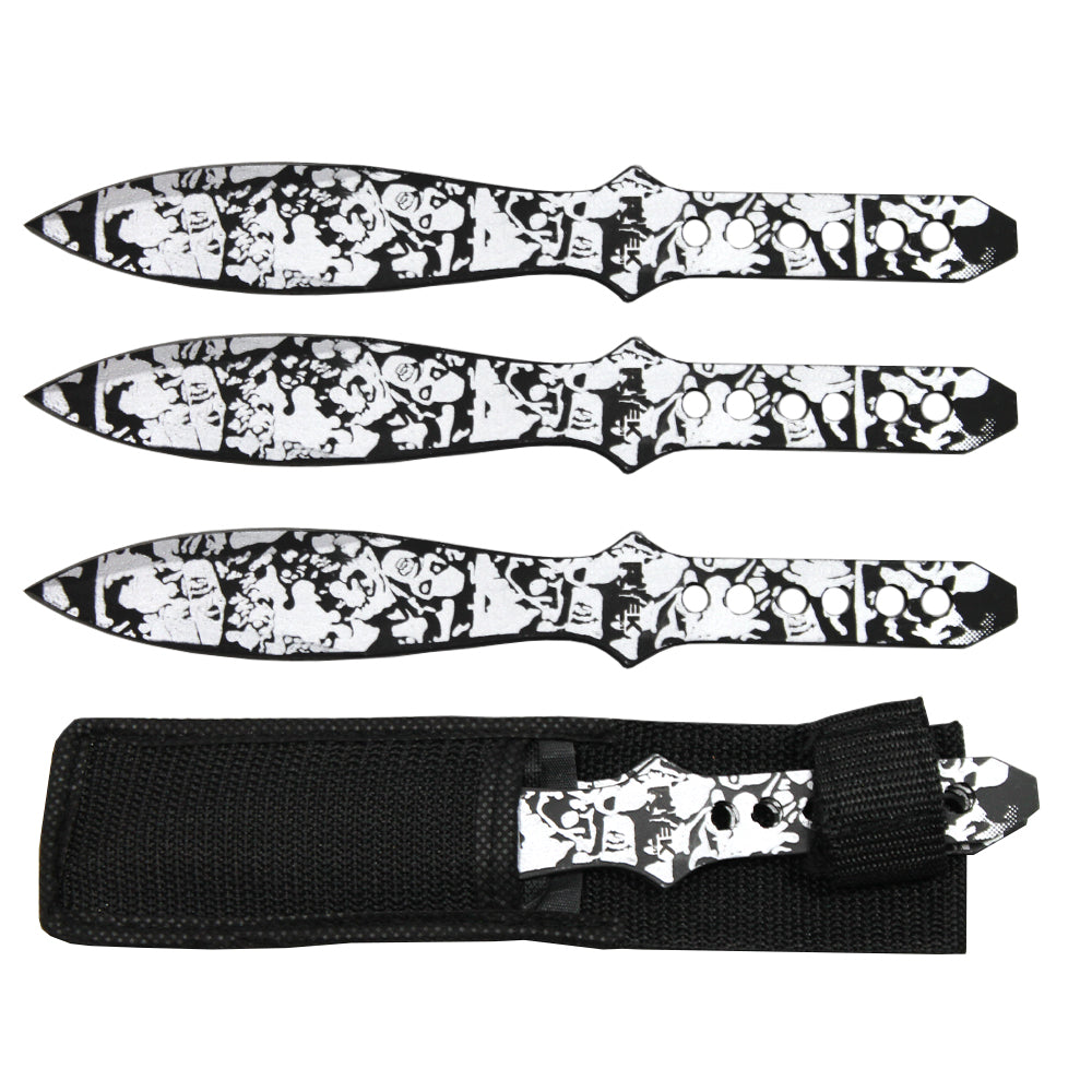8" Silver Zombie Skull Print Throwing Knife Set with Sheath