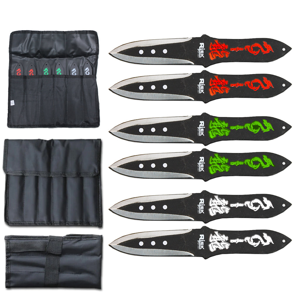 TK 020-665 6" Red Green & White Dragon Printed Throwing Knife 6 PCS Set with Carrying Case