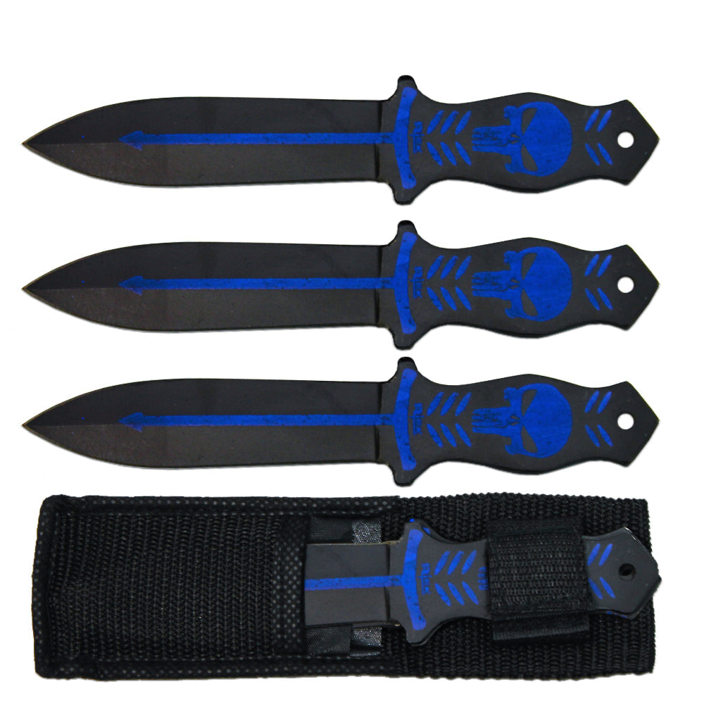 TK 029-365BL Juego de cuchillos arrojadizos con estampado de calavera en negro y azul de 6,5" con funda de nailon