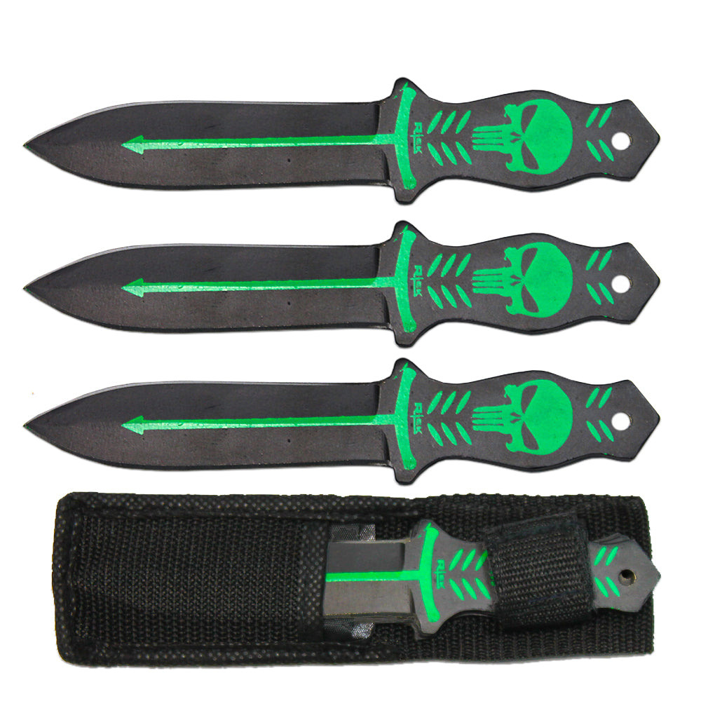 TK 029-365GN 6.5" Black & Green Skull Print Throwing Knife Set with Nylon Sheath