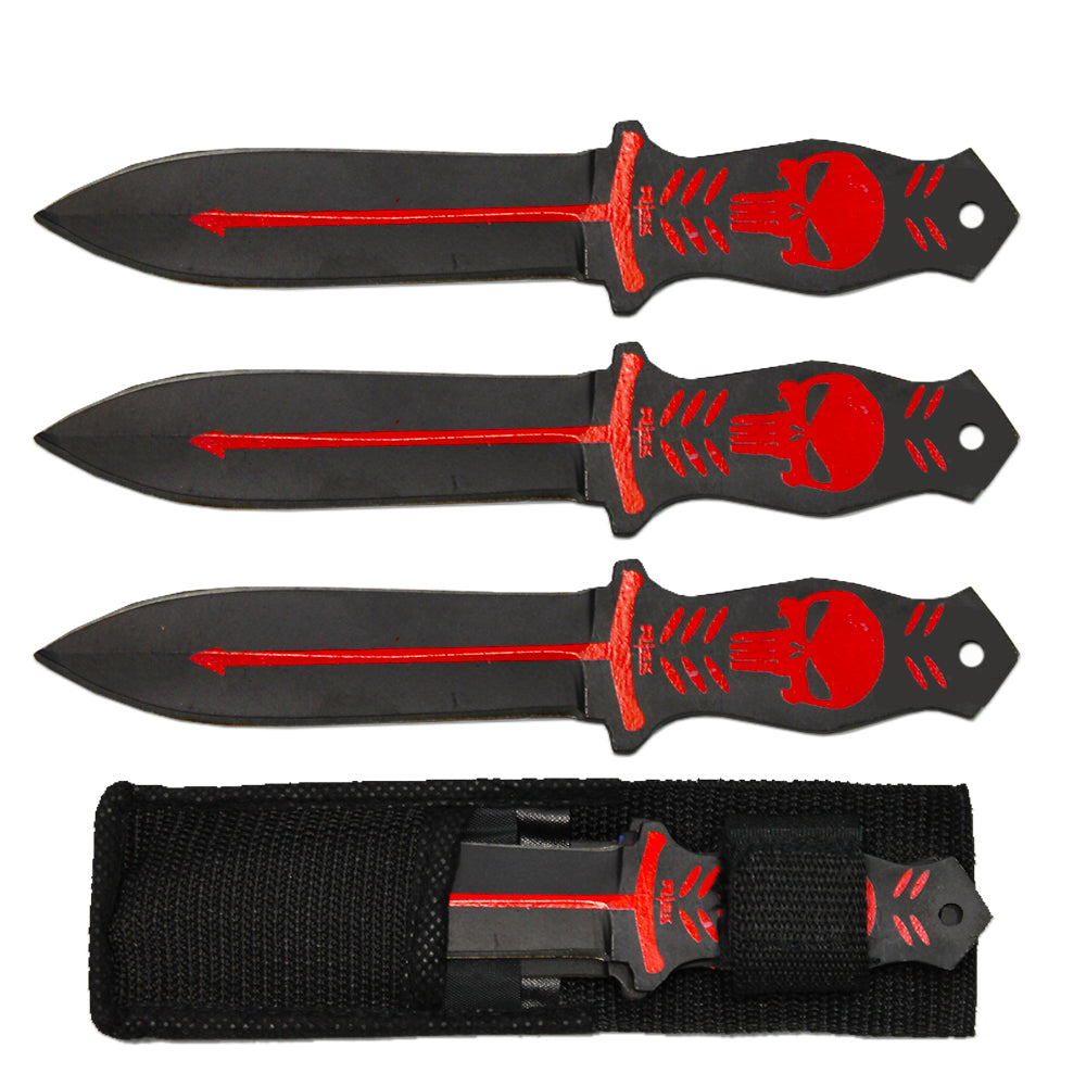 TK 029-365RD 6.5" Black & Red Skull Print Throwing Knife Set with Nylon Sheath