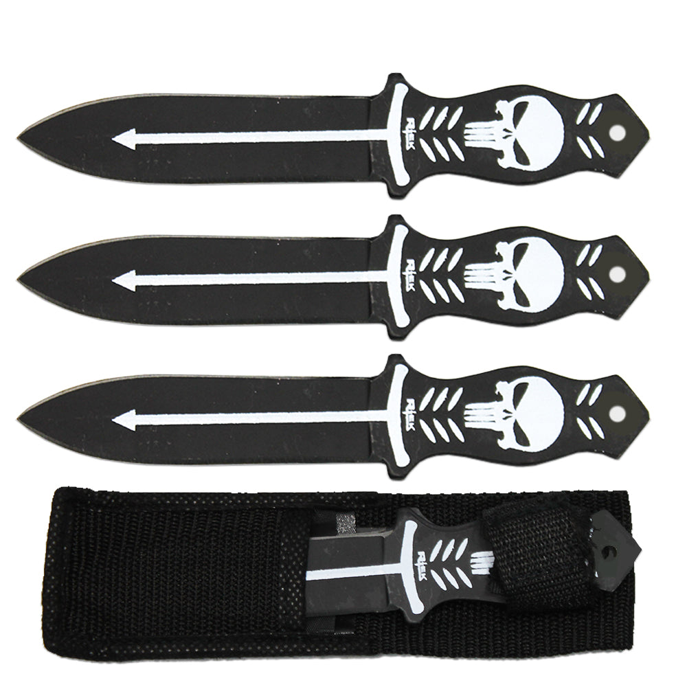 TK 029-365SL 6.5" Black & Silver Skull Print Throwing Knife Set with Nylon Sheath