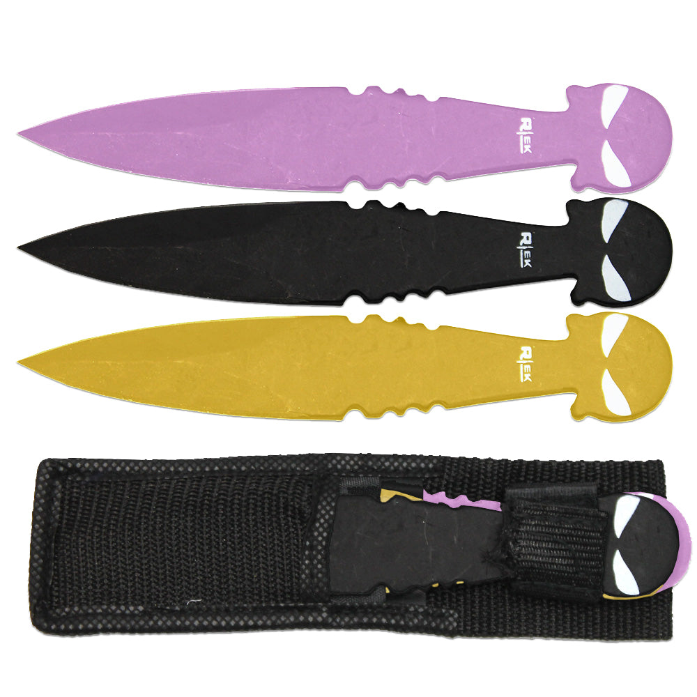 TK 031-38RB 8" Black Purple & Gold Skull Throwing Knife Set with Nylong Sheath