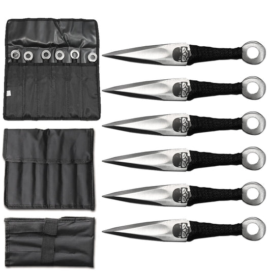 TK 036-665SSK 6.5" Silver Cord Wrapped Kunai Skull Printed Throwing Knife 6 PCS Set with Carrying Case - Bladevip