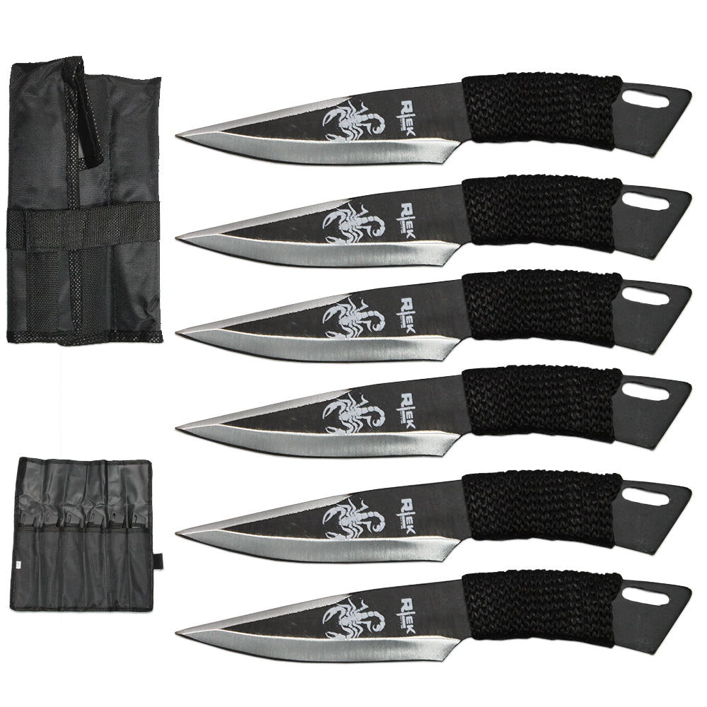 TK 042-665BSK 6" Black & Silver Scorpion Pring Cord Warpped Throwing Knife 6 PCS Set with Carrying Case - Bladevip