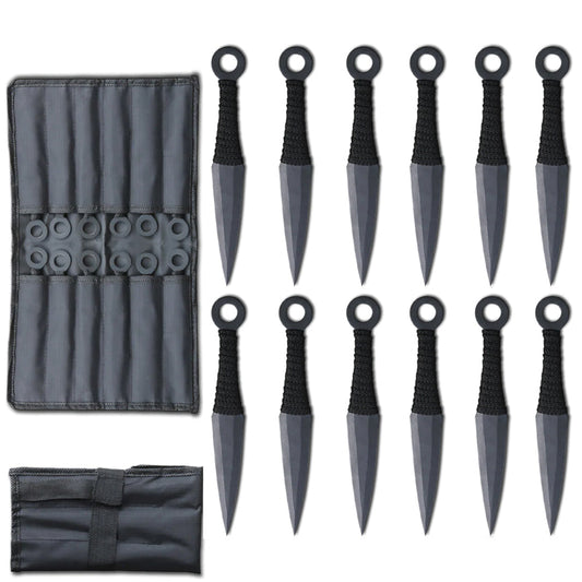 TK 086-612BK 6" Cord Wrapped Kunai Throwing Knife 12 PCS Set with Carrying Case - Bladevip