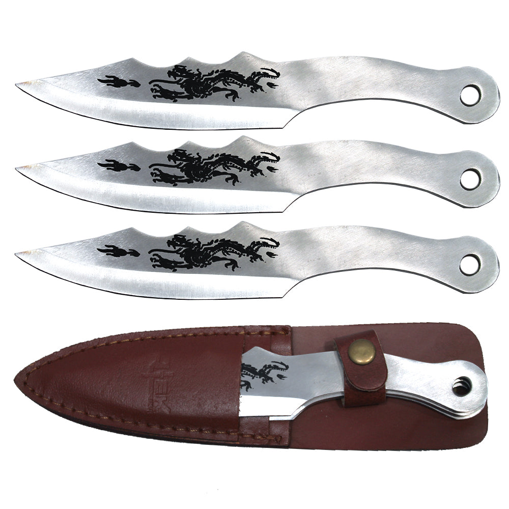 8" Silver Dragon Throwing Knife Set with Leather Sheath