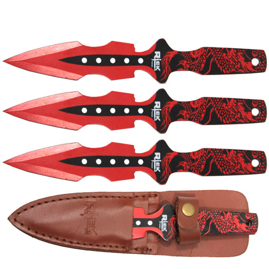 8" Red Dragon Print Throwing Knife with Leather Sheath