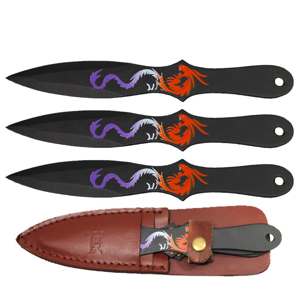 TK 091-LP38DR 8" Black Multi Color Dragon Printed Throwing Knife Set with Leather Sheath