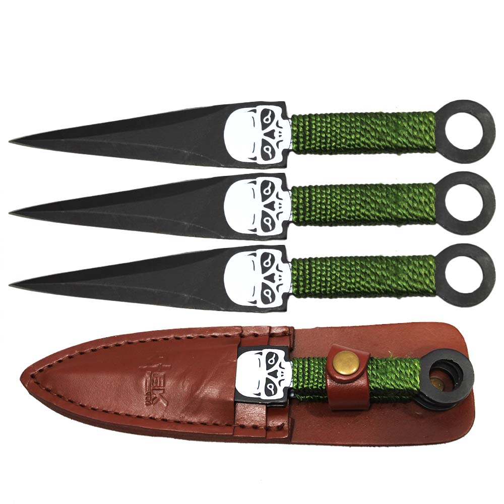 8" Skull Print Kunai Cord Wrapped Throwing Knife Set with Leather Sheath - Bladevip