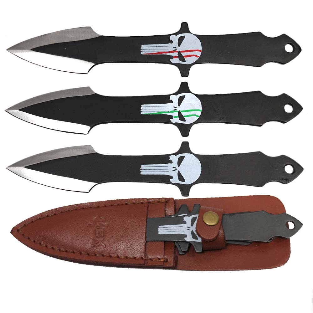 8" Skull Multicolor Print Arrow Head Throwing Knife with Leather Sheath - Bladevip