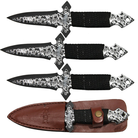 8" Cross Skull Print Throwing Knife Set with Leather Sheath - Bladevip