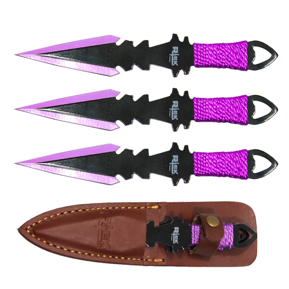 8" Purple Cord Wrapped Throwing Knife Set with Leather Sheath