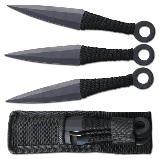 TK 086-365BK Juego de cuchillos para lanzar Kunai envueltos en cordón negro de 6,5 pulgadas, juego de 3 piezas con funda de nailon