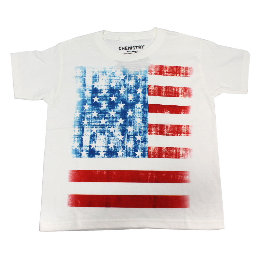 Camiseta blanca con gráfico descolorido de la bandera de EE. UU. para mujer