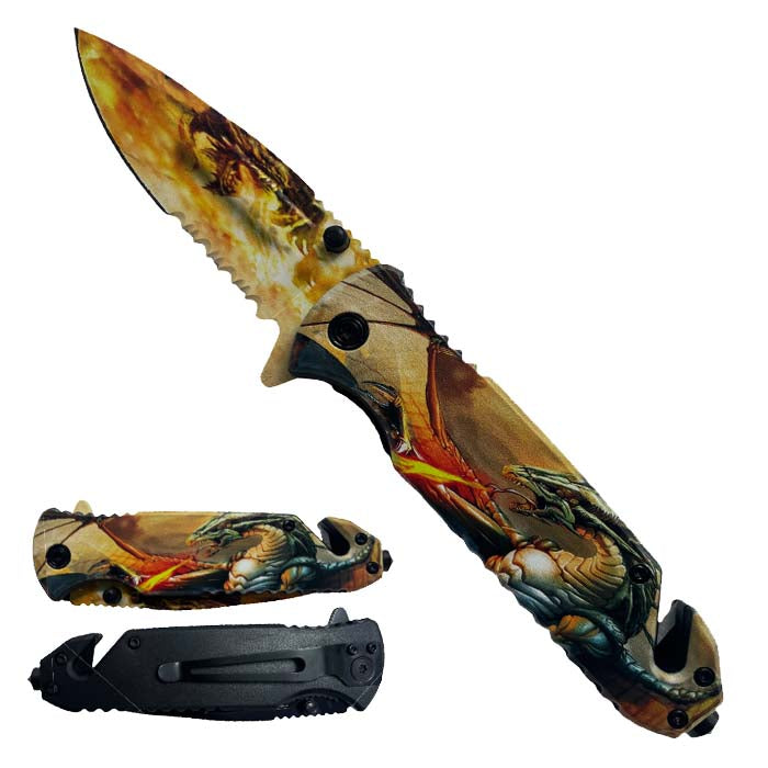 4.75" Dragon Serrated Blade Assist-Open Rescue Knife with Belt Cutter & Glass Breaker