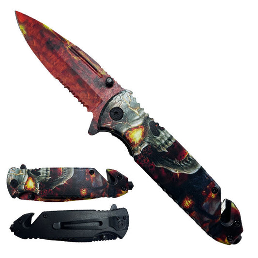 4.75" Skull Half Serrated Blade Assist-Open Rescue Knife with Belt Cutter & Glass Breaker - Bladevip