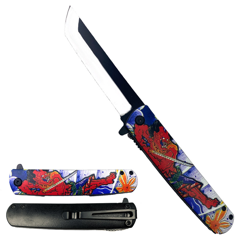 4.75" Spring Assisted Knife with Demon Warrior Japanese 3D Print Design - Bladevip