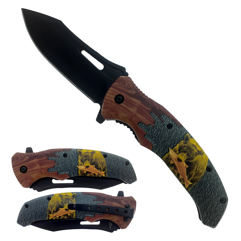 4.5" Black Blade Bear Handle Assist Open  Folding Knife