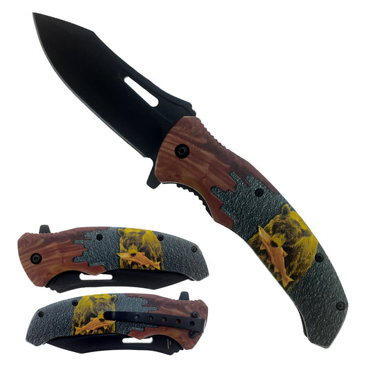 4.5" Black Blade Bear Handle Assist Open  Folding Knife - Bladevip