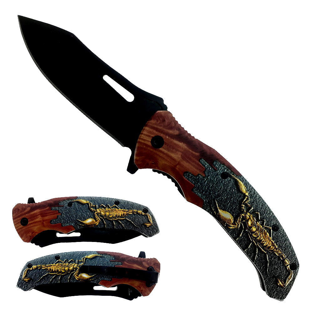 4.5" Black Blade Scorpion Handle Assist Open Folding Knife