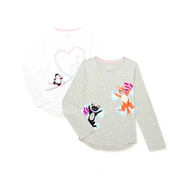 Camisetas gráficas de manga larga y corta con diseño de gatos y pingüinos de invierno para niña, paquete de 2