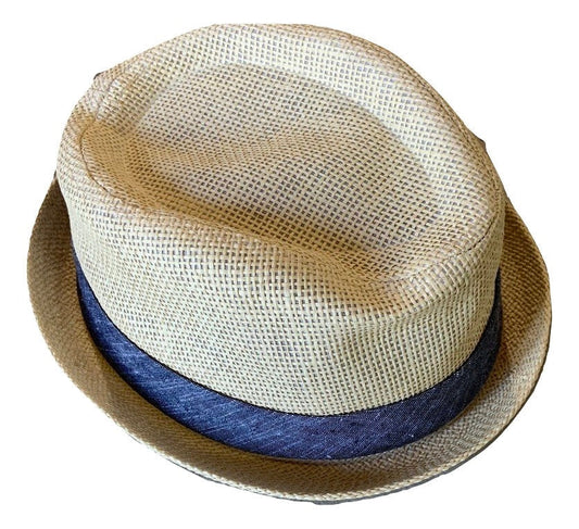 Sombrero Fedora con cinta azul y paja color canela para hombre